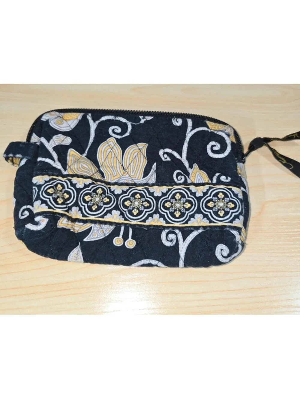 Vera Bradley Black Yellow Floral Quilted Wristlet Cosmetic Pouch